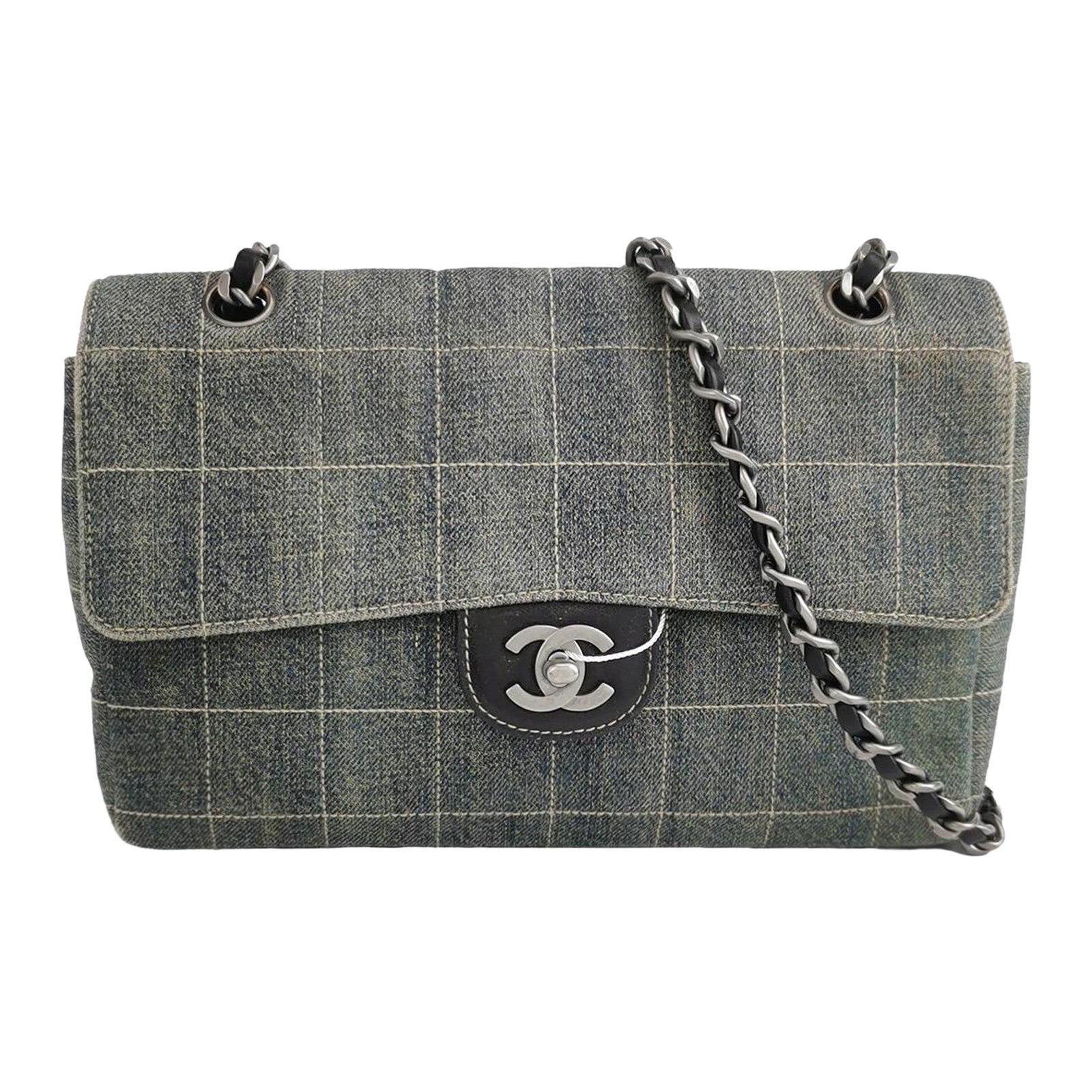Chanel Ice Cube Chocolate Bar Medium Classic Flap Denim Green For Sale