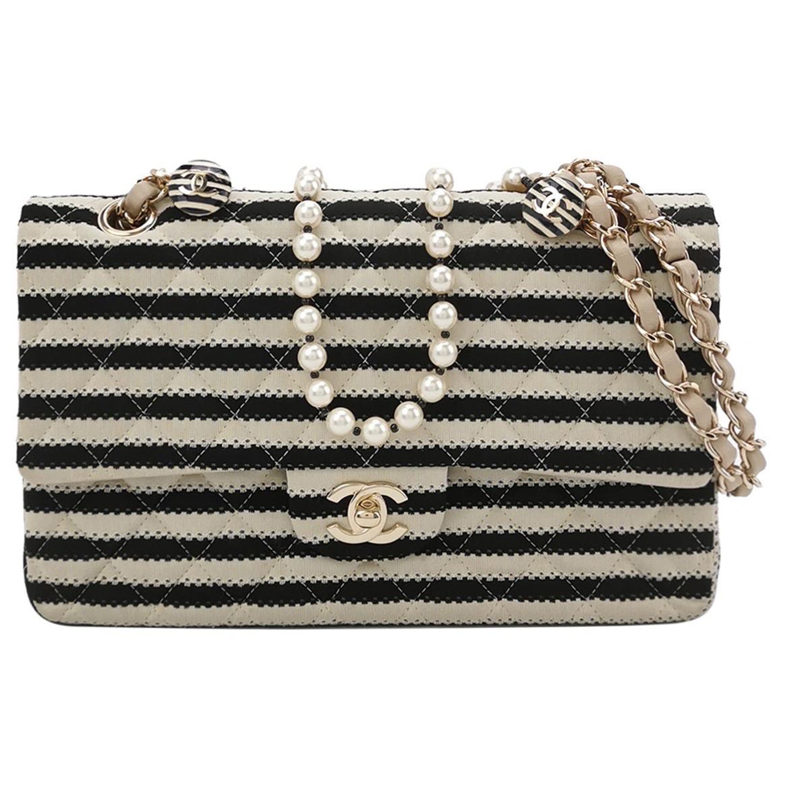 Chanel Black/White Striped Medium Jersey Coco Sailor Pearl Classic Flap Bag For Sale