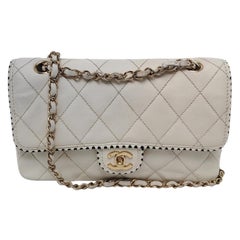 Chanel Classic Flap Medium Happy Stitch White Leather with Contrast Black Trim