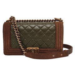 Chanel Le Boy Medium Dark Green Calfskin Brown Suede Leather Bag Gold Hardware