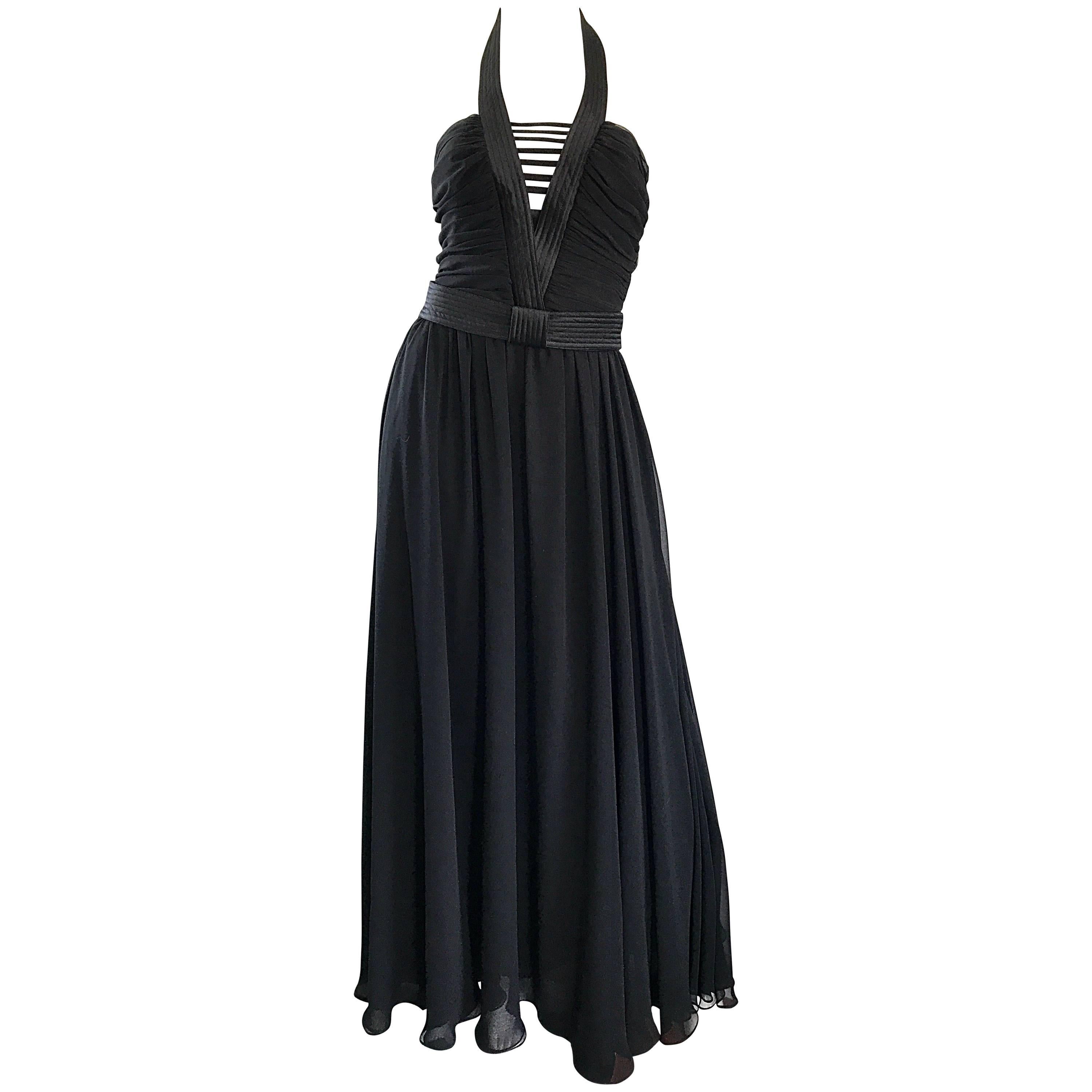 1970s Frank Usher Black Chiffon Cut - Out Belted 70s Vintage Evening Gown Dress For Sale