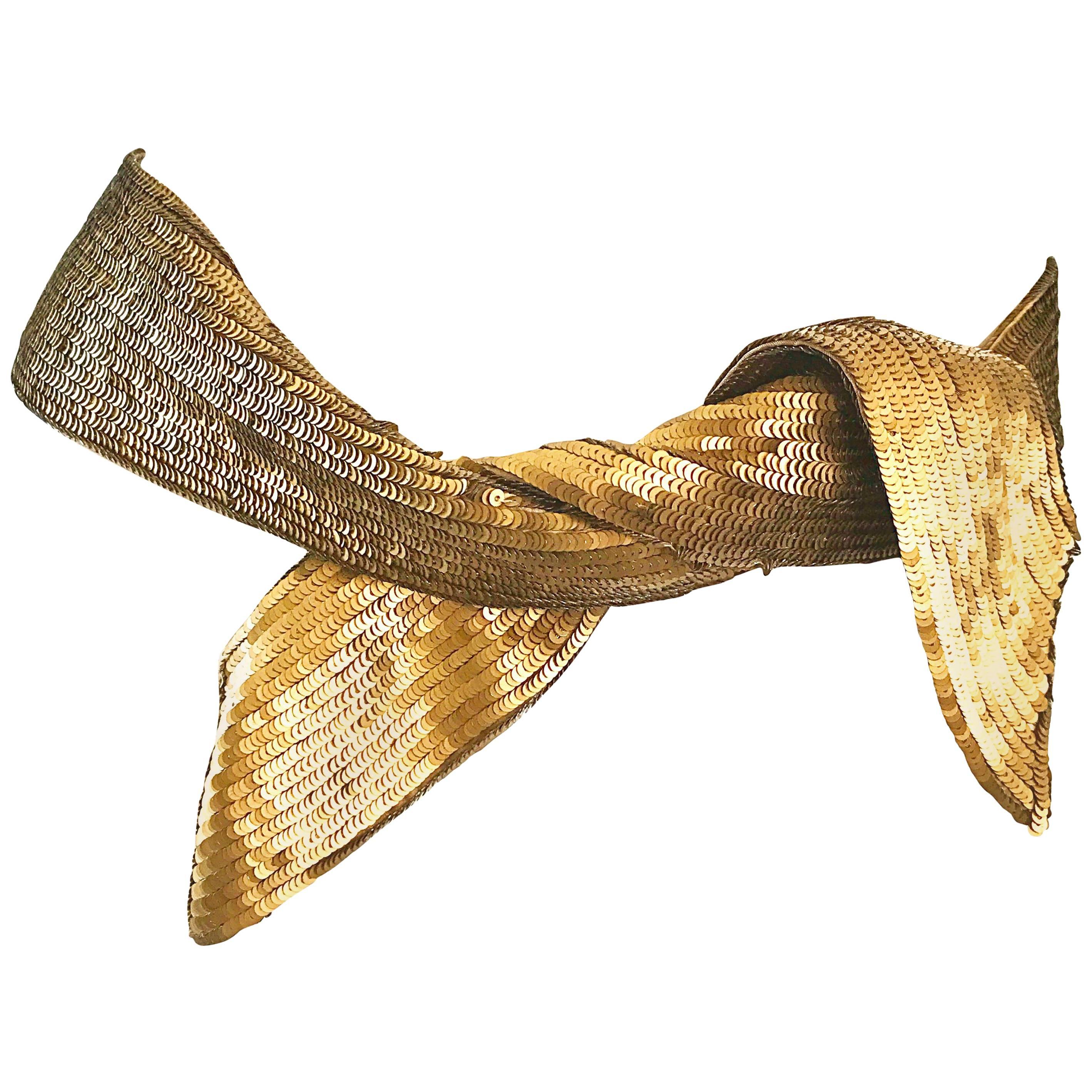 New Proenza Schouler Bronze Gold Metallic Sequin Silk Tie Sash Belt Hair Scarf  For Sale