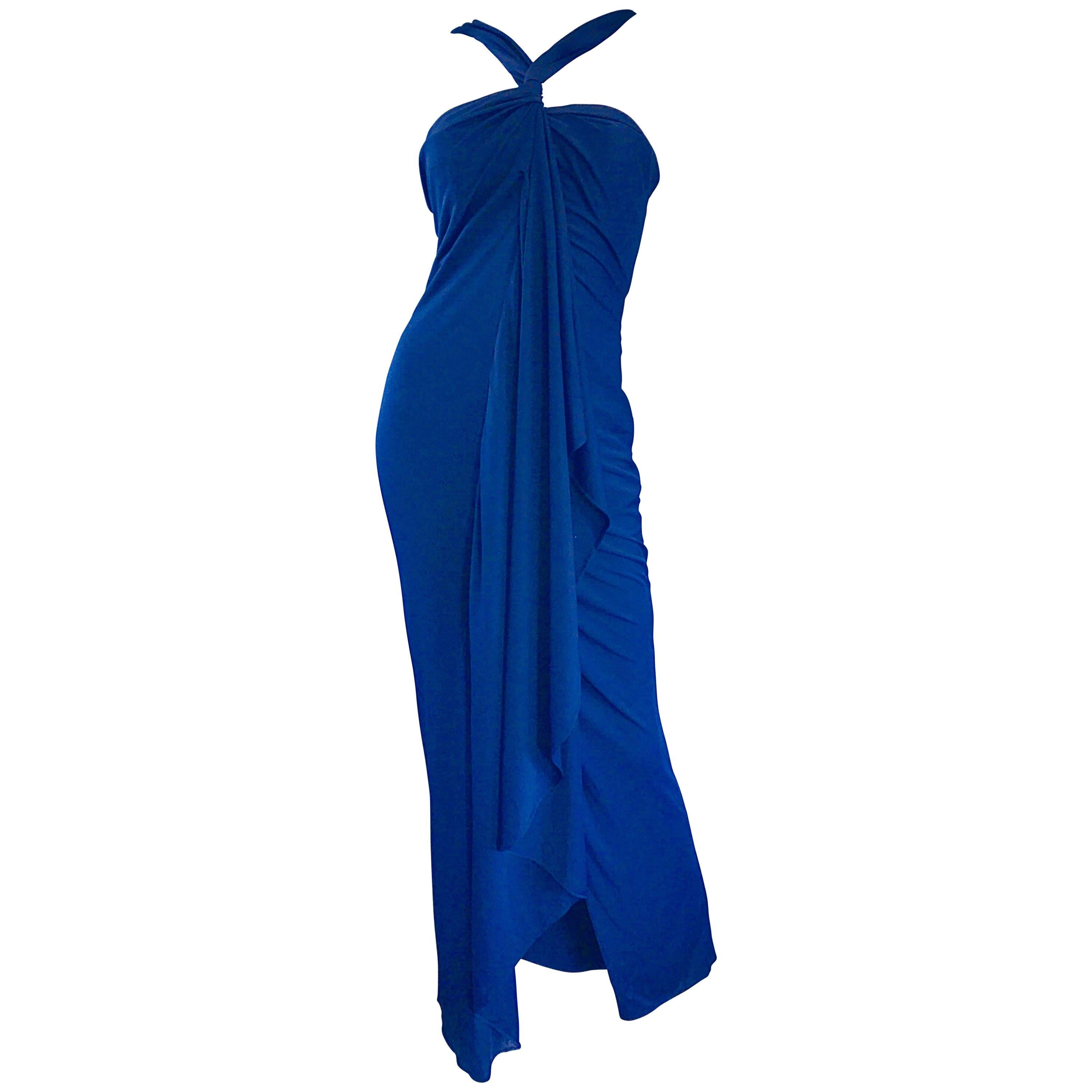 Randolph Duke 1990s Navy Blue Sz 8 Jersey Asymmetrical Vintage 90s Grecian Gown For Sale