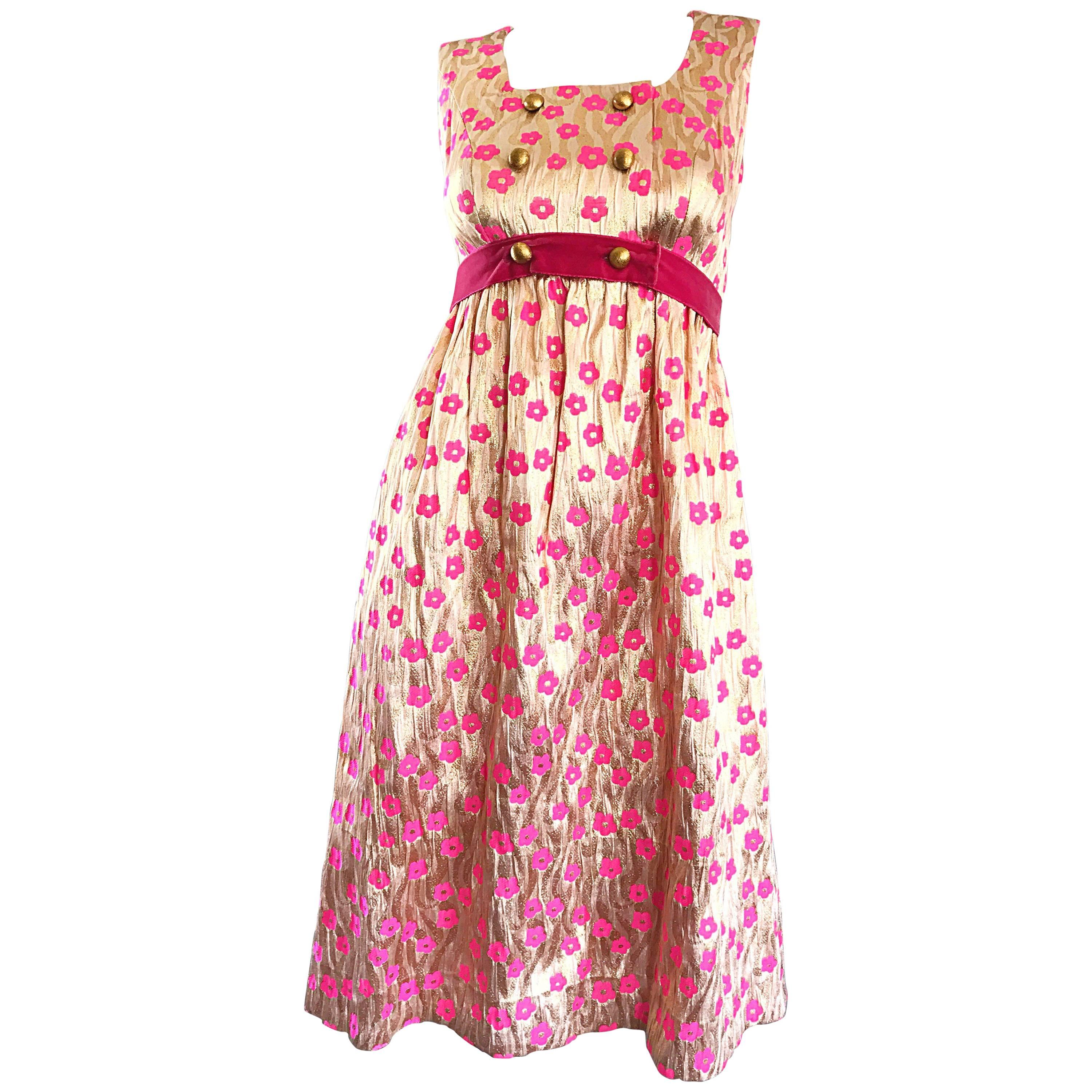 Incredible 1960s Gold and Pink Poppy Flower Print Vintage 60s A Line Silk Dress
