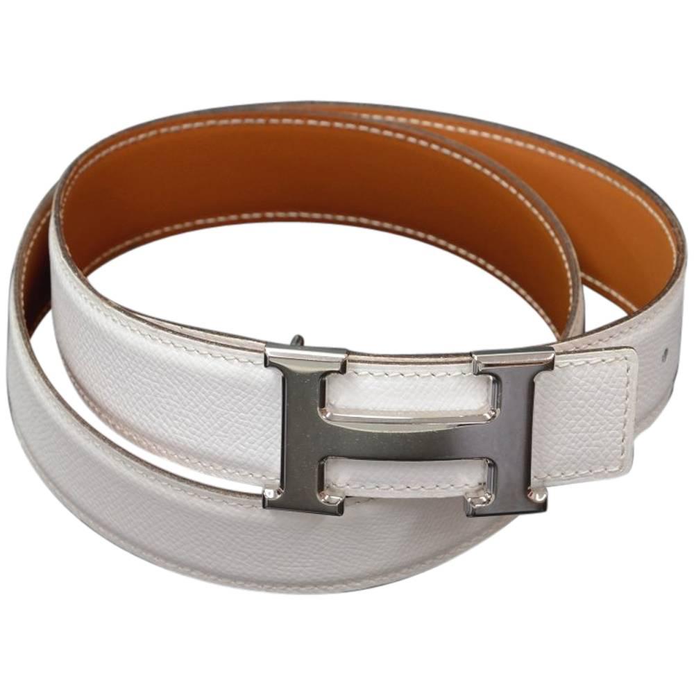 Hermes White x Brown Leather x Silver Tone H Buckle Belt Size 80