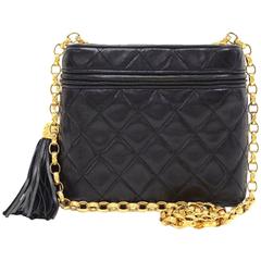 Vintage Chanel 7" Black Quilted Leather Fringe Shoulder Pochette Bag