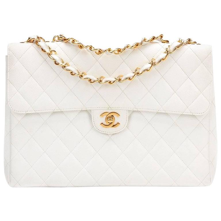 1990's VIntage Chanel White Caviar Shoulder Bag