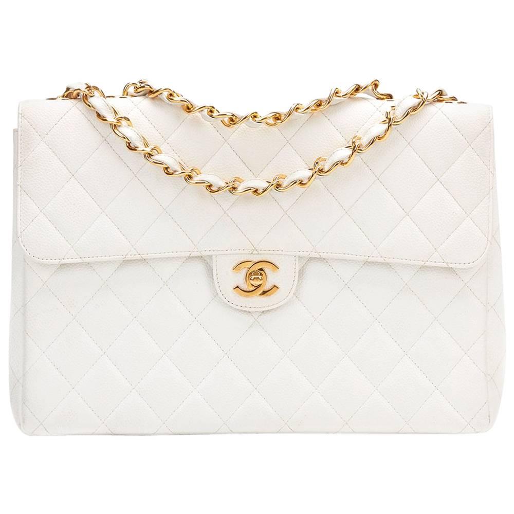 1990s Chanel White Quilted Caviar Leather Vintage Jumbo Flap Bag