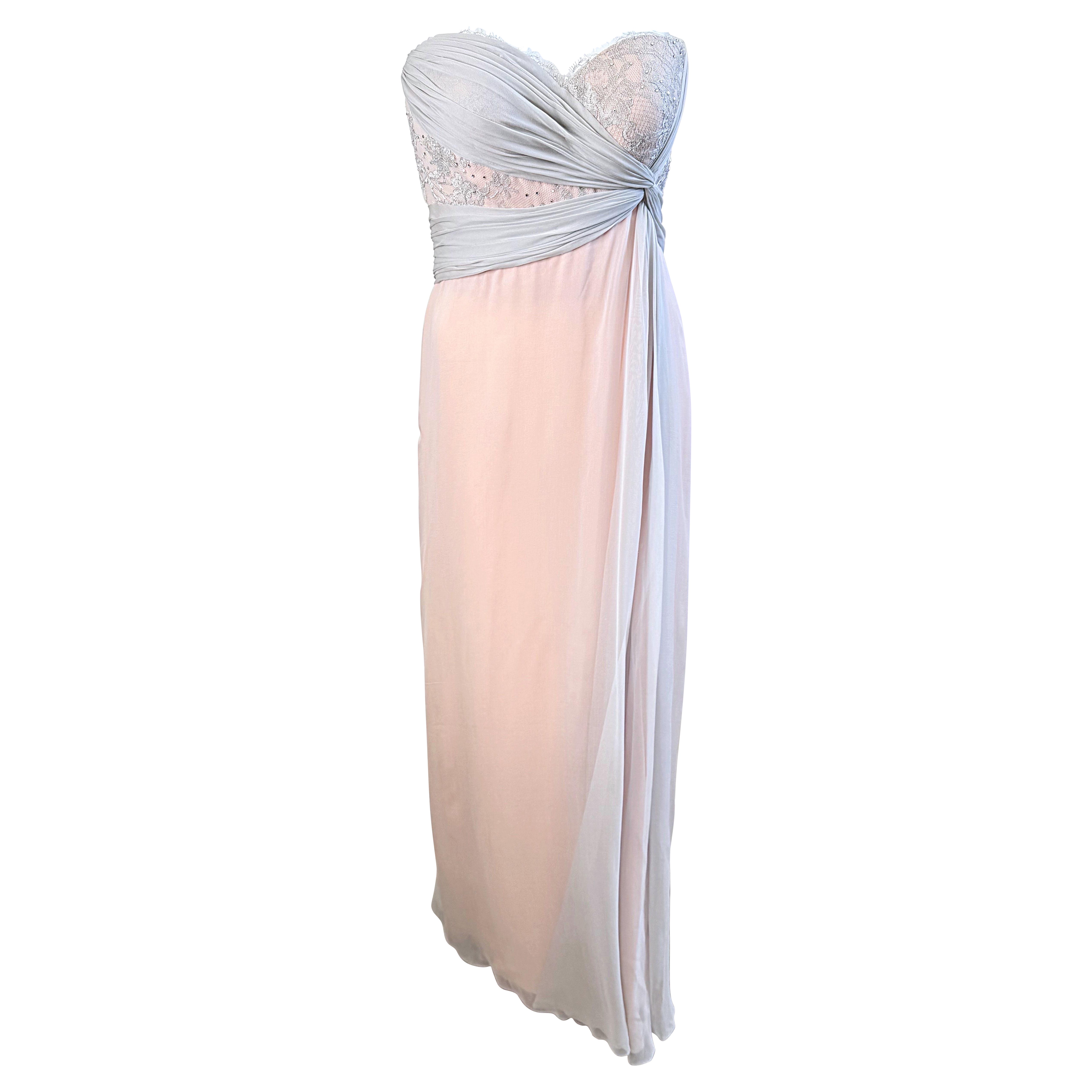 Bob Mackie Años 80 Talla 6 Rosa Claro + Gris Vestido Grecian de gasa de seda sin tirantes en venta