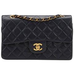 1990s Chanel Navy Quilted Lambskin Vintage Small Classic Double Flap Bag