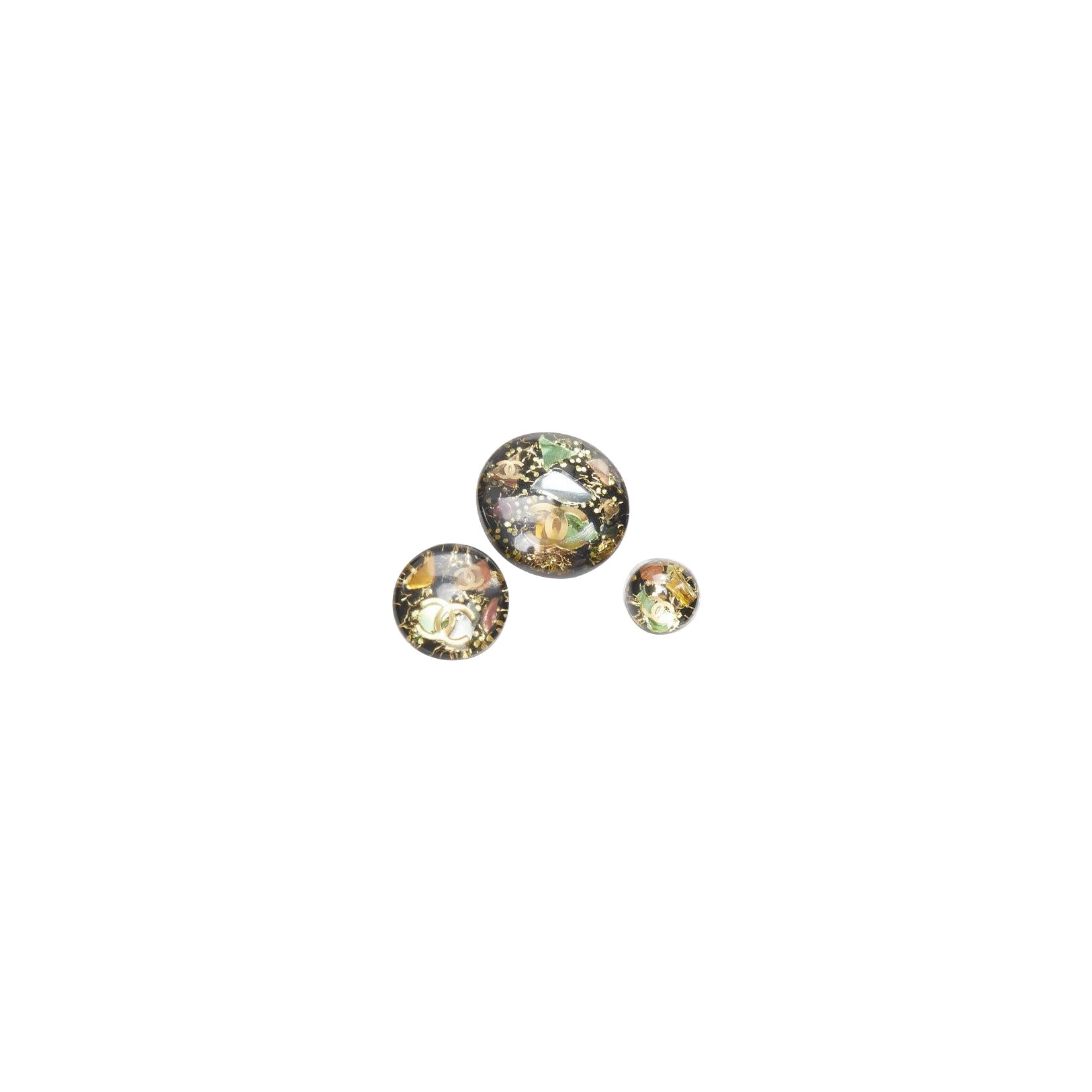 CHANEL 05P Vintage Set of 3 green resin gold CC logo glitter speckle pin brooch