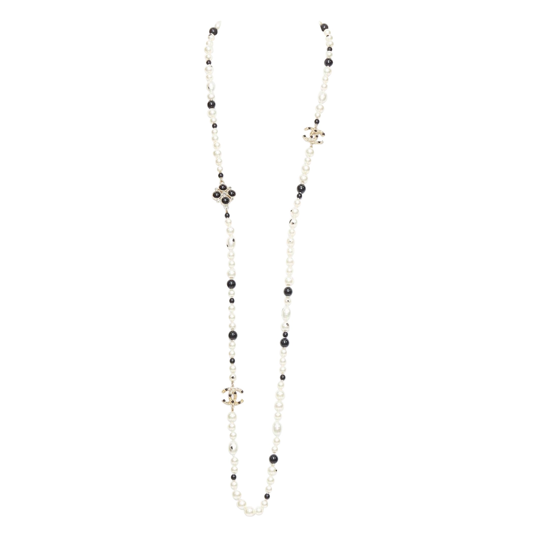 CHANEL 08P black Camelia enamel station faux pearl CC long necklace