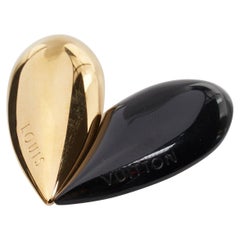 LOUIS VUITTON black gold embossed logo split heart pin brooch