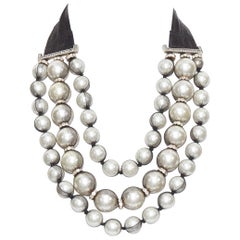 rare LANVIN black strand wrapped faux pearl crystal ribbon tie necklace