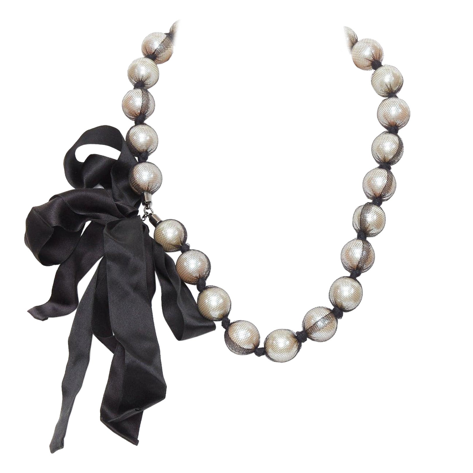 LANVIN black wrapped large faux pearl double ribbon tie princess necklace For Sale