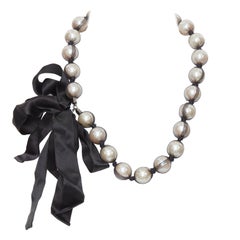 LANVIN black wrapped large faux pearl double ribbon tie princess necklace