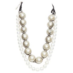 LANVIN black double strand wrapped faux pearl ribbon tie statement necklace