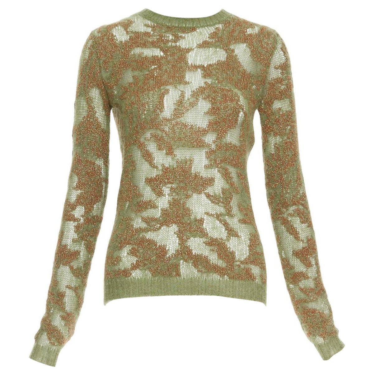 DIOR 2023 Brocart green brown cashmere blend loose knit sweater FR34 XS For Sale