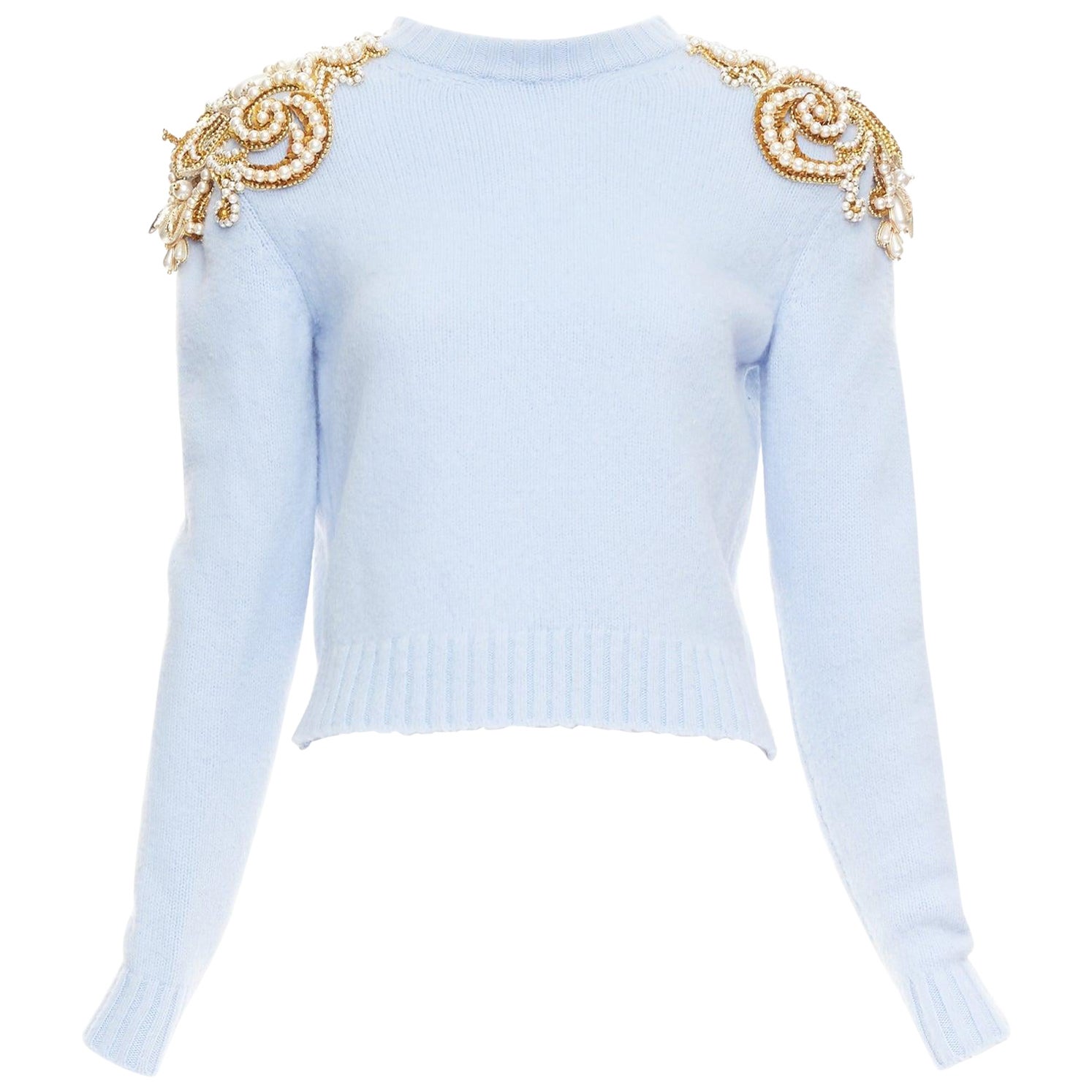 BALMAIN powder blue wool cashmere gold pearl embellished sweater FR36 S For Sale