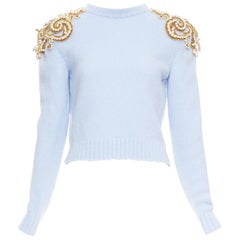 BALMAIN powder blue wool cashmere gold pearl embellished sweater FR36 S