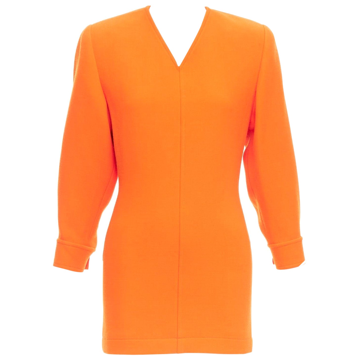 SAINT LAURENT 2022 Runway orange wool grain de poudre power shoulder mini dress For Sale