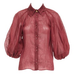 AJE Palms bordeaux seta lino manica a sbuffo raglan multi bottoni camicia UK6 XS