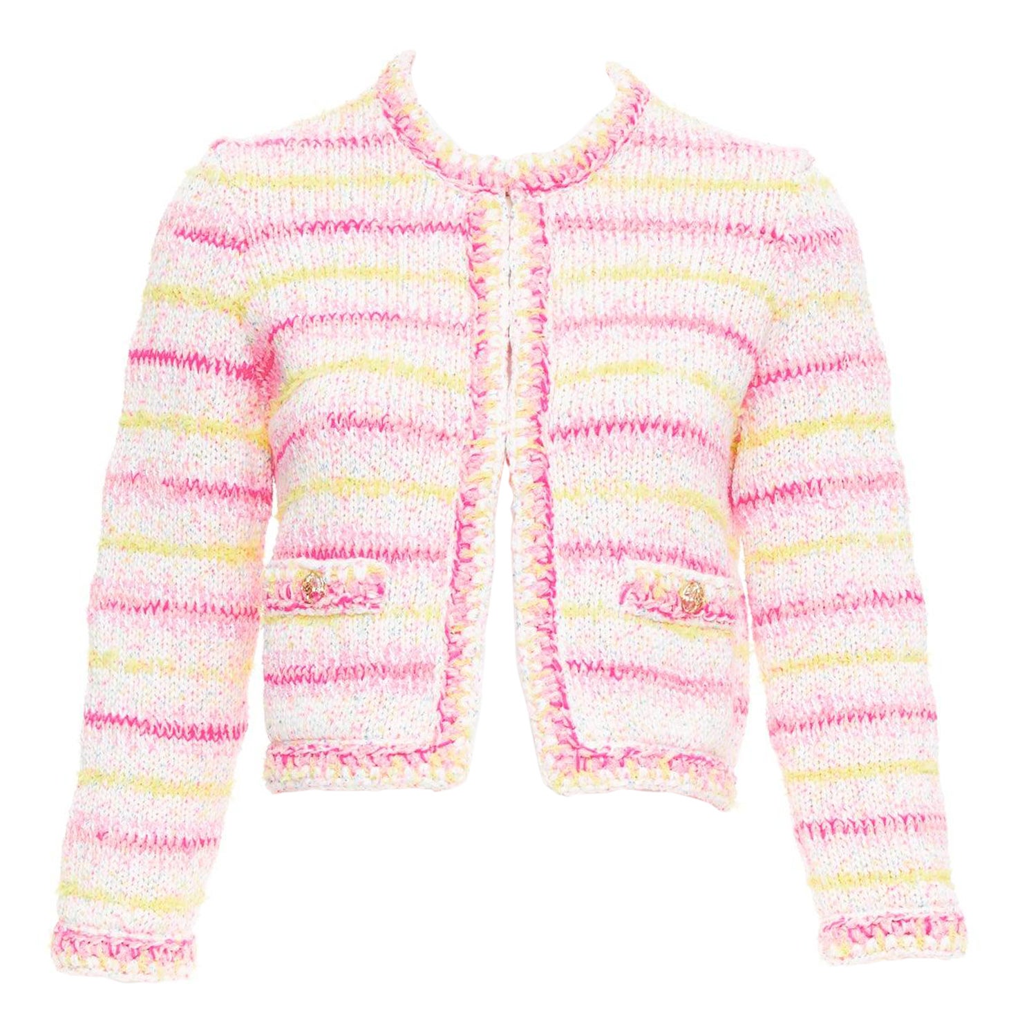CHANEL 24C Coco Heart pink crochet tweed trim cardigan jacket FR34 XS For Sale