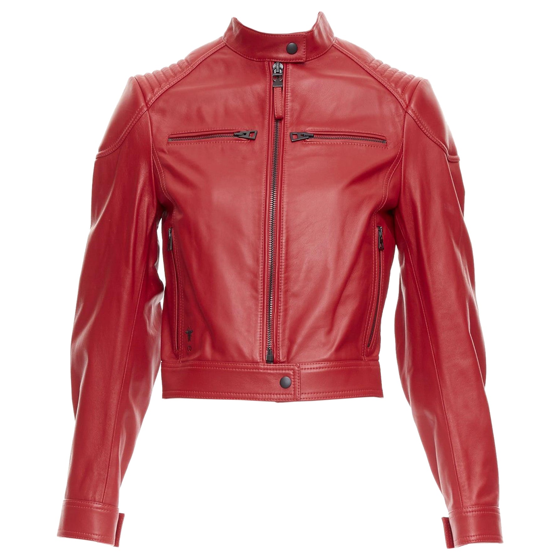 DIOR Royaume d'Amour red leather laser cut moto biker jacket FR34 XS For Sale