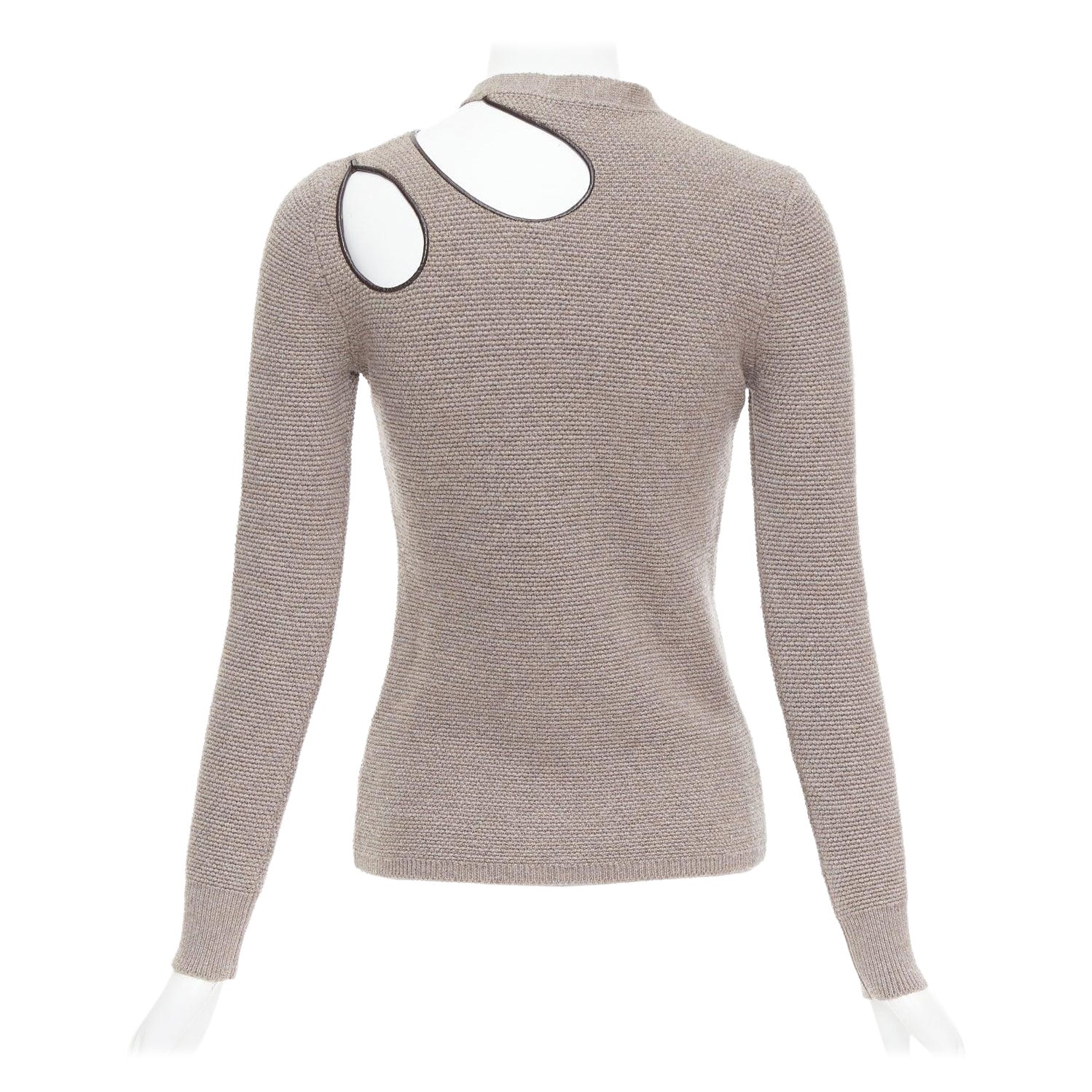 TOM FORD taupe fleece wool blend cut out leather collar sweater S For Sale