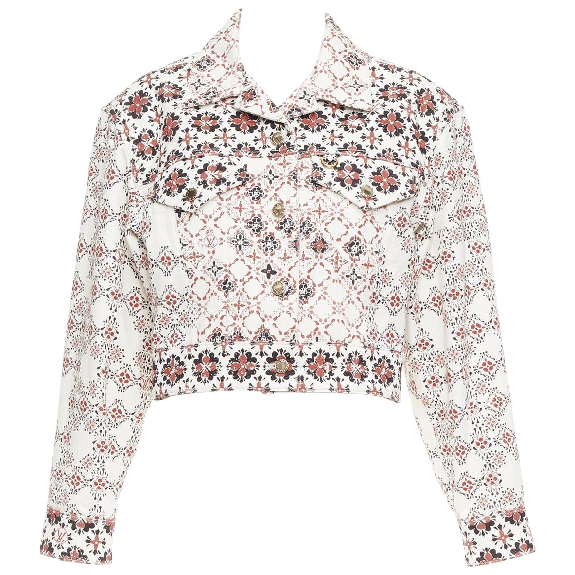 LOUIS VUITTON 2023 Vintage Monogram cream red floral denim crop jacket FR34 XS For Sale