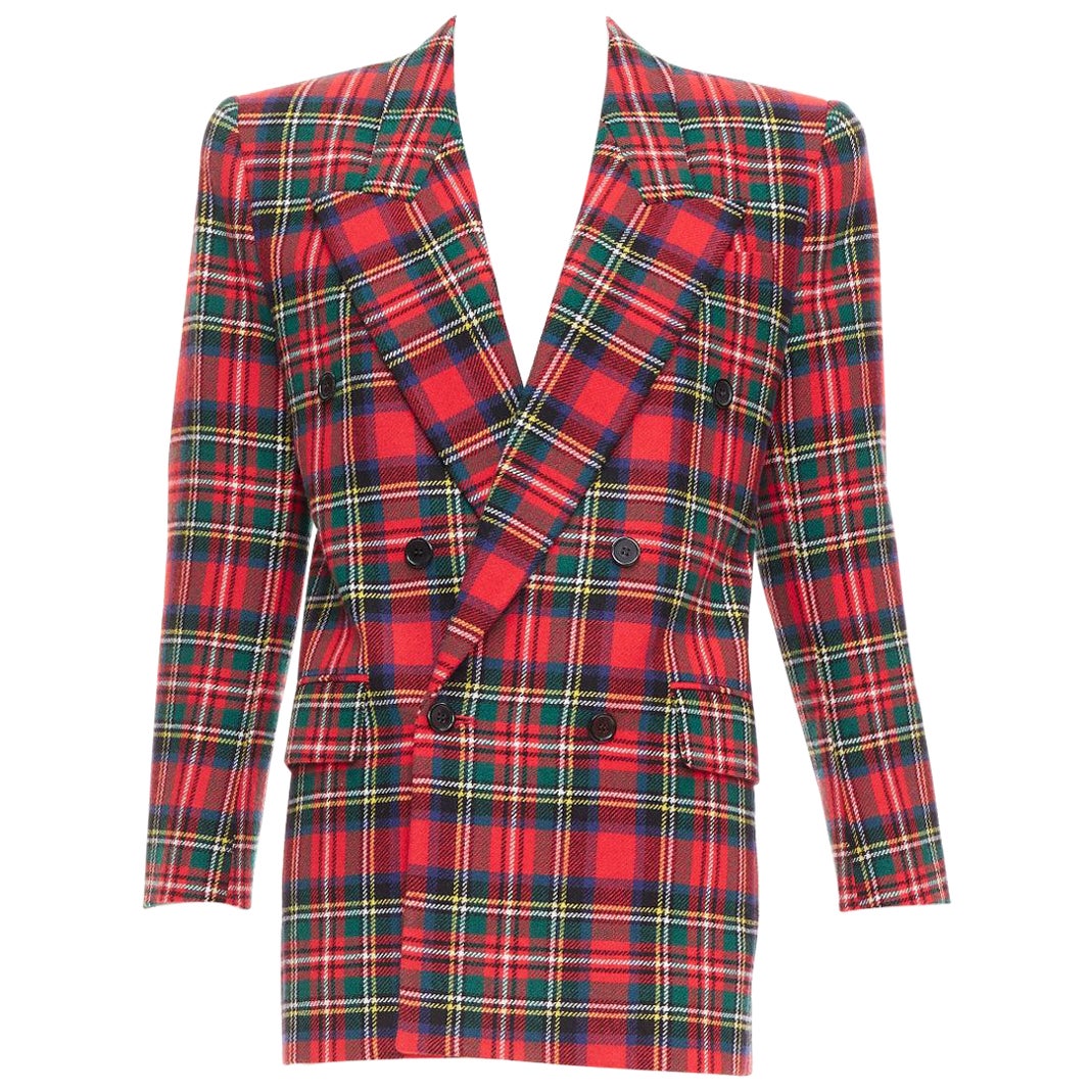 SAINT LAURENT 2023 red scotland plaid wool blend power blazer FR34 XS For Sale