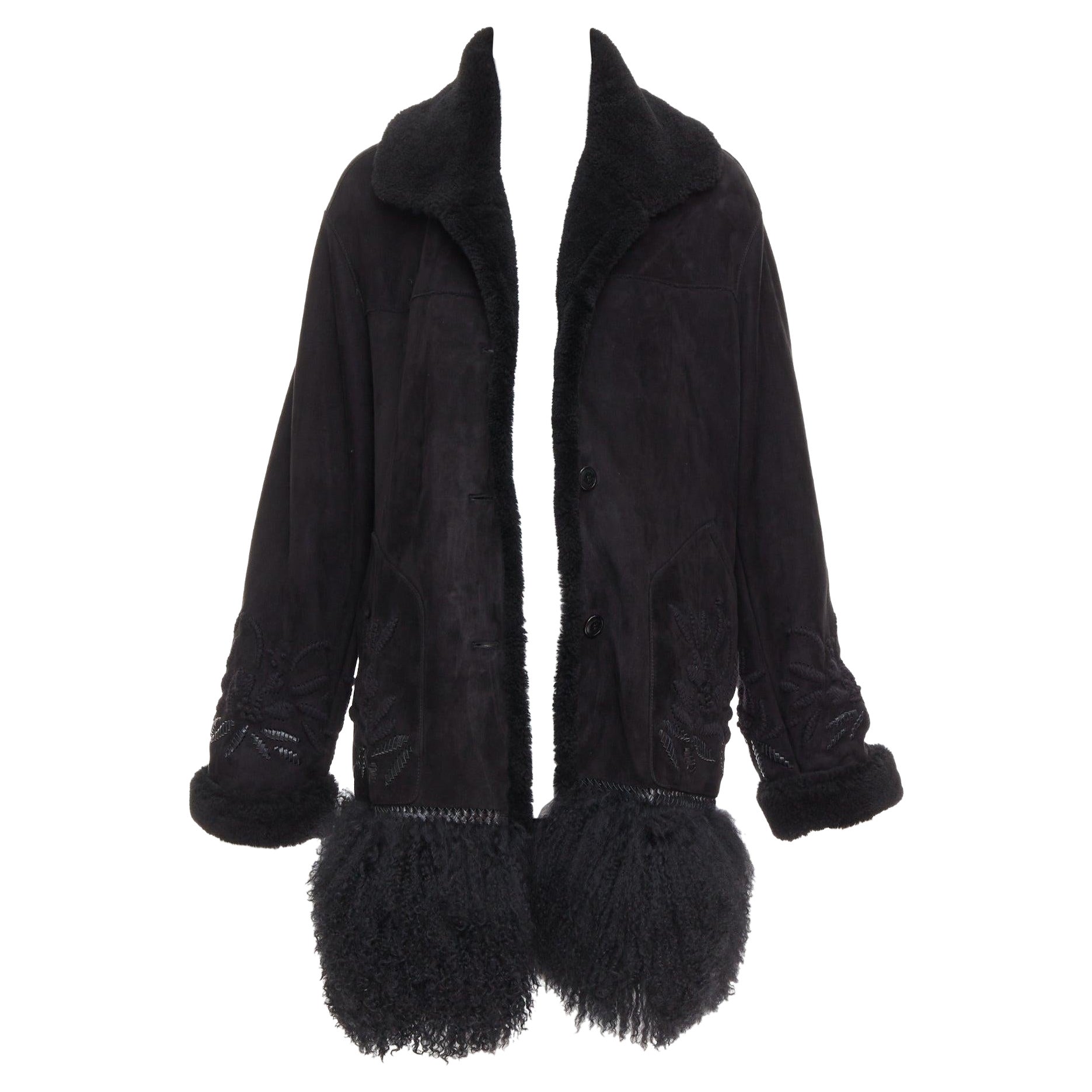 ERMANNO SCERVINO black multi sheep shearling leather embroidered coat IT40 S For Sale
