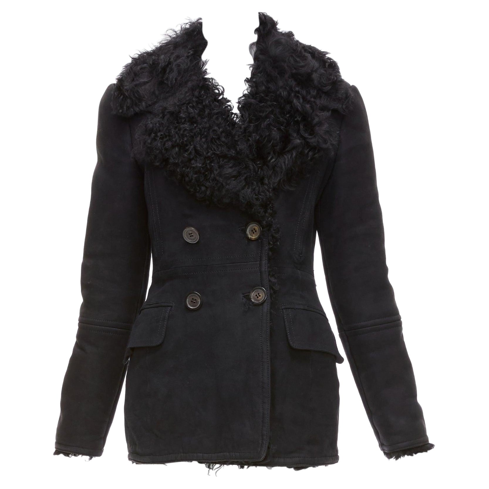 GUCCI Tom Ford Vintage cappotto doppiopetto in shearling nero IT42 M.