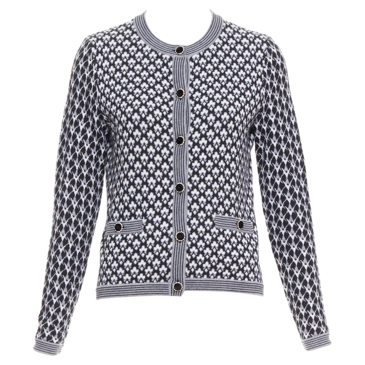 CHANEL black white cashmere velvet buttons crew cardigan FR38 M For Sale