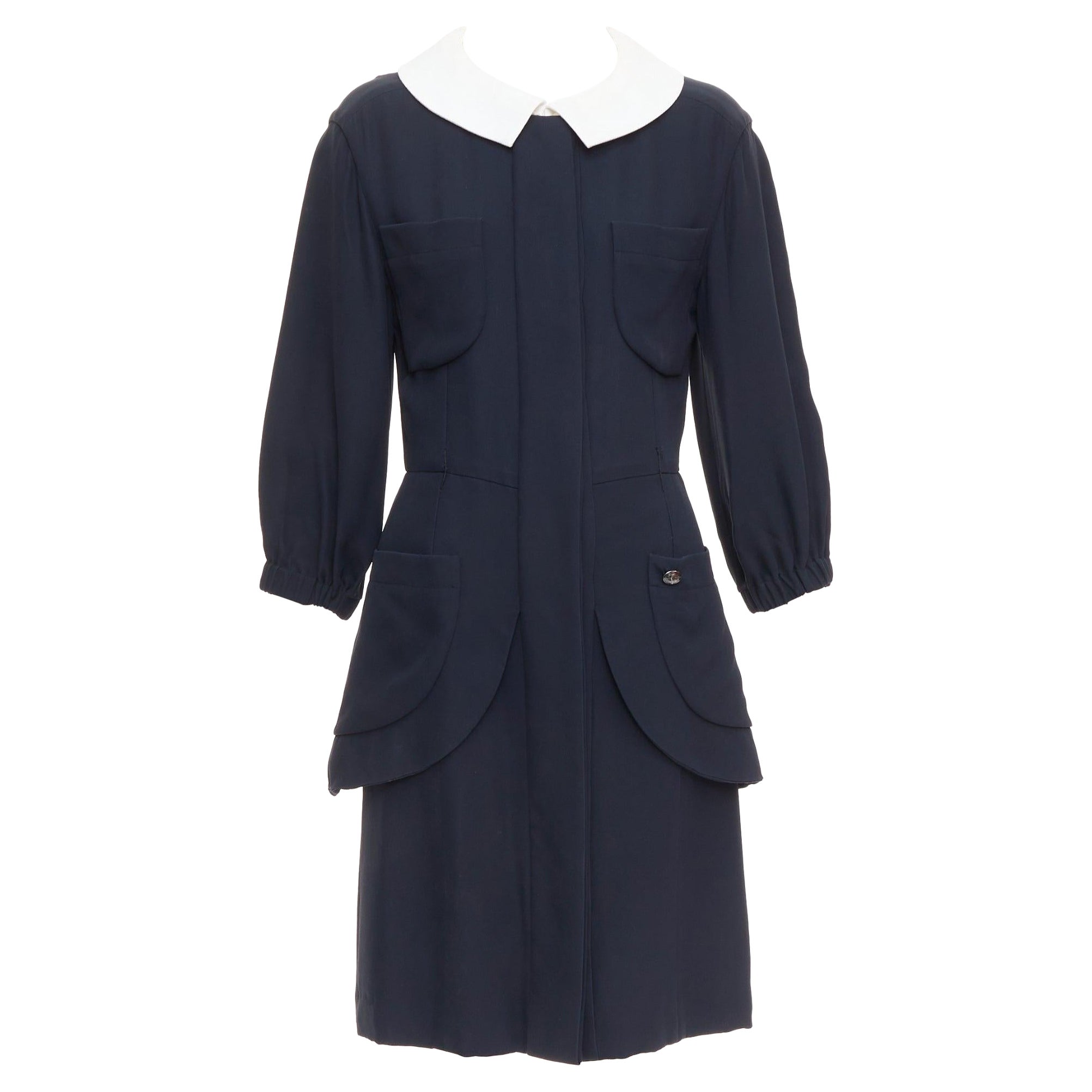 rare CHANEL 2015 Runway black silk white cotton collar trompe loeil dress FR36 S For Sale