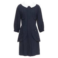 selten CHANEL 2015 Runway schwarz Seide weiß Baumwolle Kragen trompe loeil Kleid FR36 S