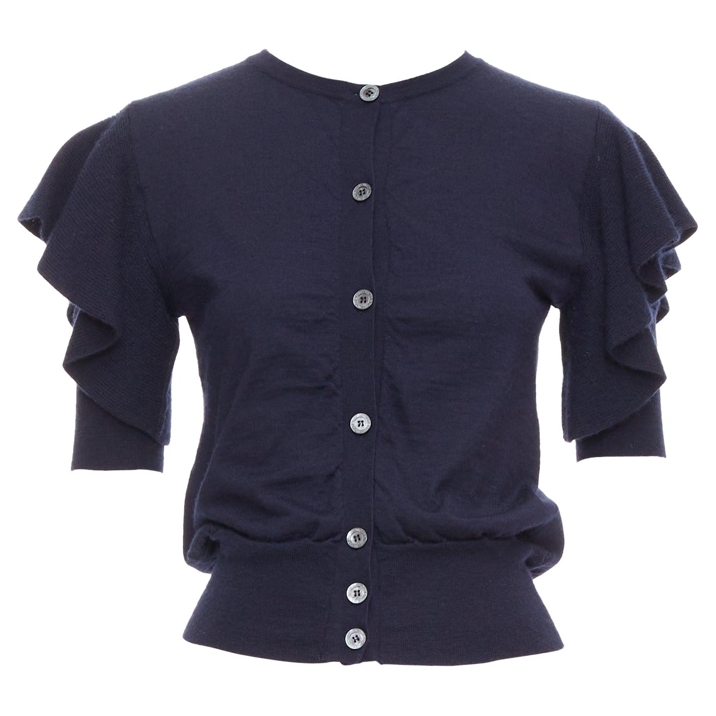 VIKTOR & ROLF jersey de punto con mangas de volantes de seda y cachemira azul marino S en venta