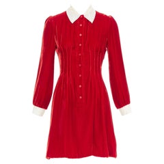 DIOR 2017 Runway red crushed velvet cream lace trim pleated dress FR34 XS