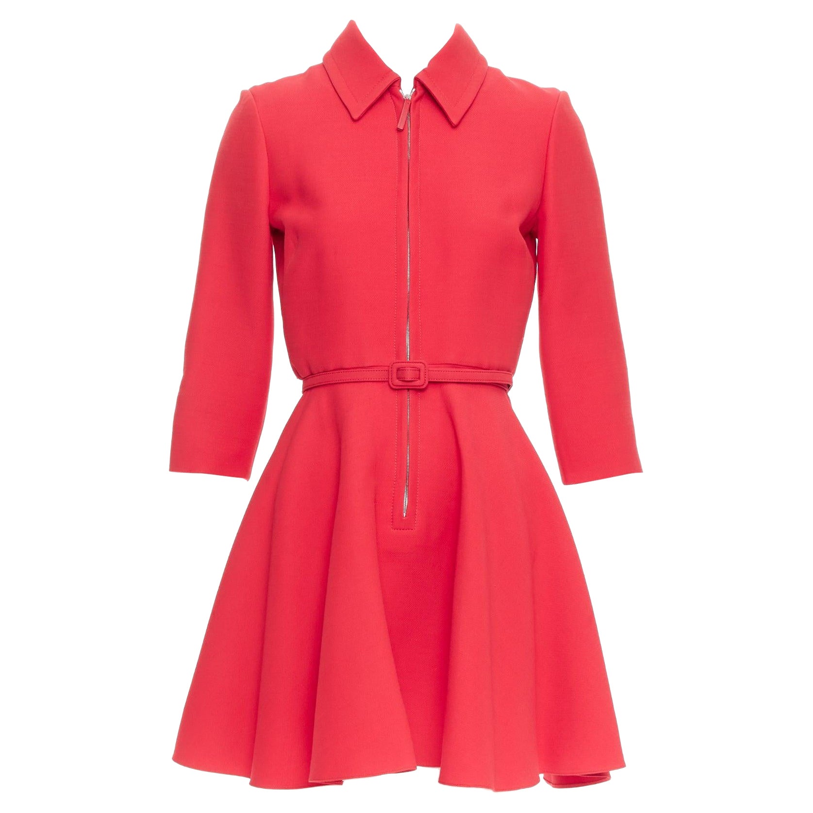 CHRISTIAN DIOR 2019 red wool silk half zip belted flare dress FR36 S For Sale