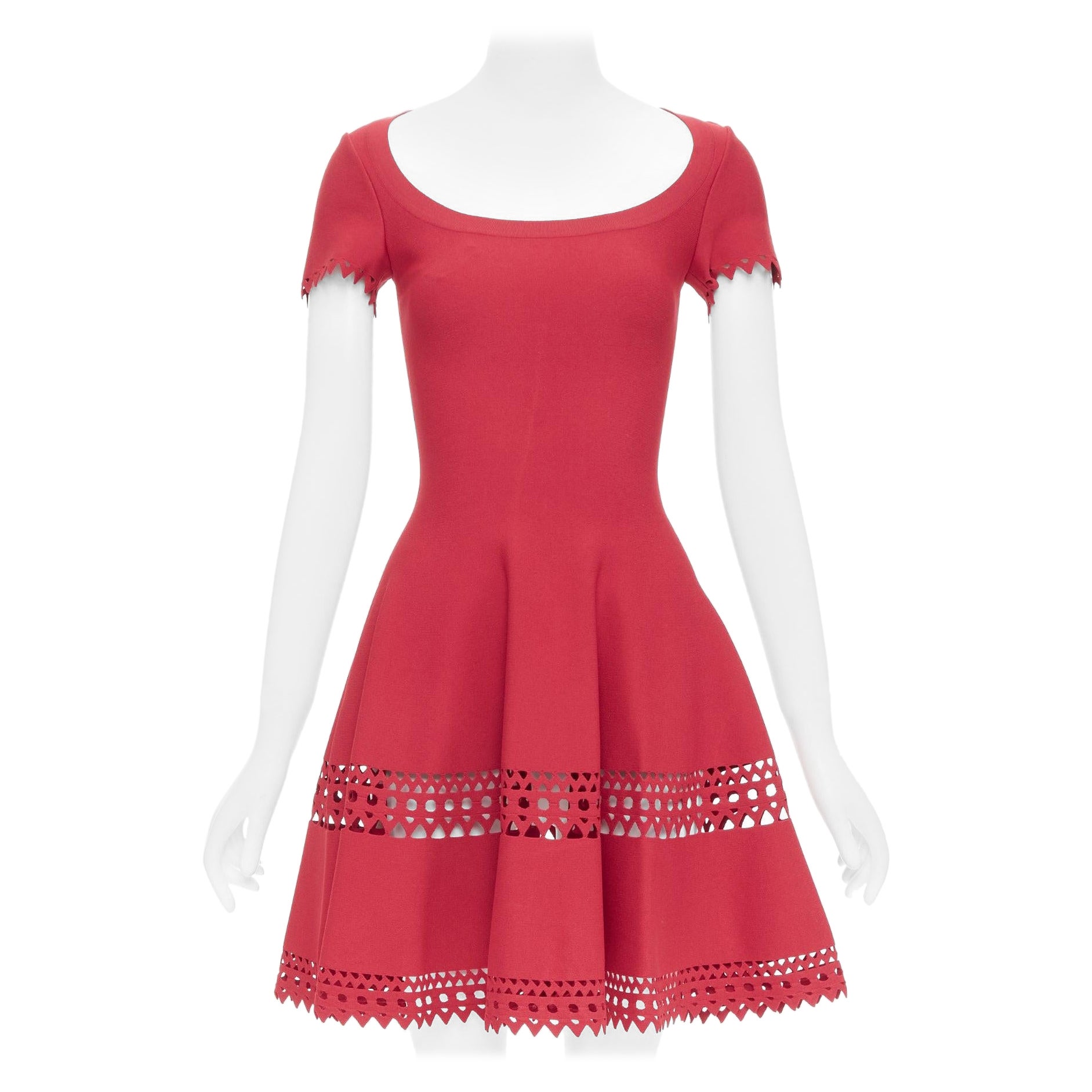 ALAIA red laser cut out cap sleeves wide round neck fit flared dress FR38 M For Sale