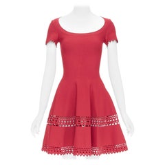 ALAIA red laser cut out cap sleeves wide round neck fit flared dress FR38 M