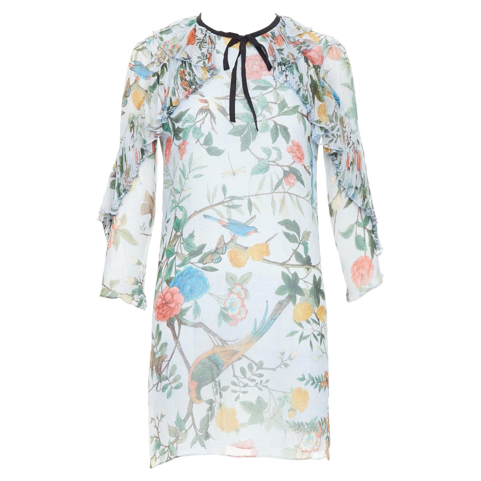 GUCCI 2015 Tian Bloom print 100% silk black ribbon trim dress IT36 XXS For Sale