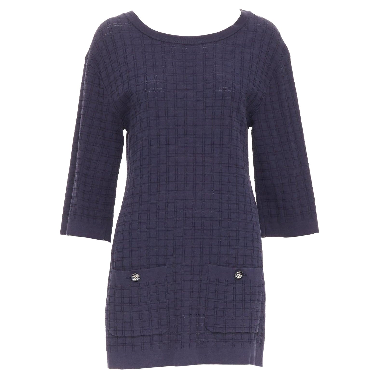 CHANEL navy cotton grid knit gold CC button 2 pocket mini dress FR36 S For Sale