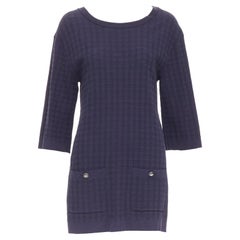 CHANEL navy cotton grid knit gold CC button 2 pocket mini dress FR36 S