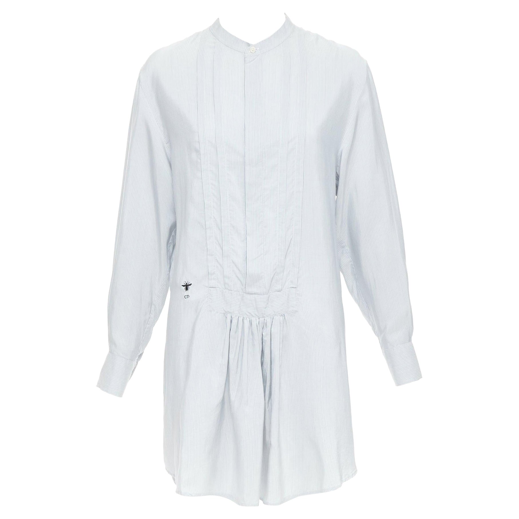 CHRISTIAN DIOR blue 100% silk CD bee embroidery button down shirt dress FR36 S For Sale