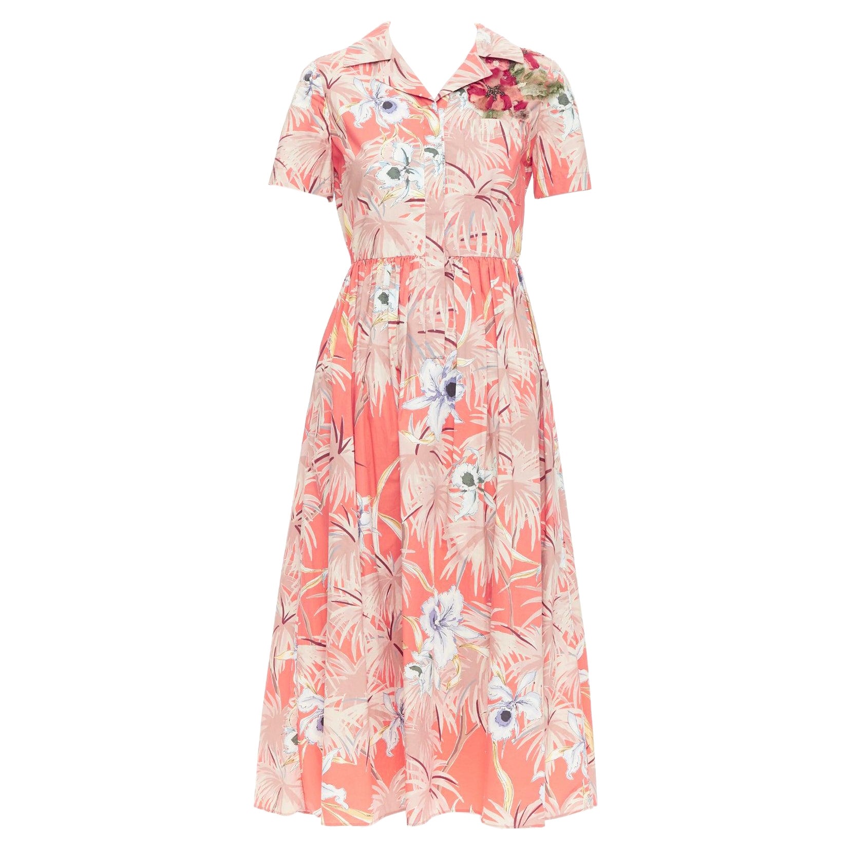 VALENTINO Hawaiian Couture Ruway Robe chemise à appliques tropicales en coton corail Taille 4