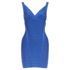 HERVE LEGER blue plunge strappy bodycon bandage mini dress XS