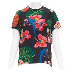 VALENTINO Tropical Couture 100% silk black parrot floral print crew top M