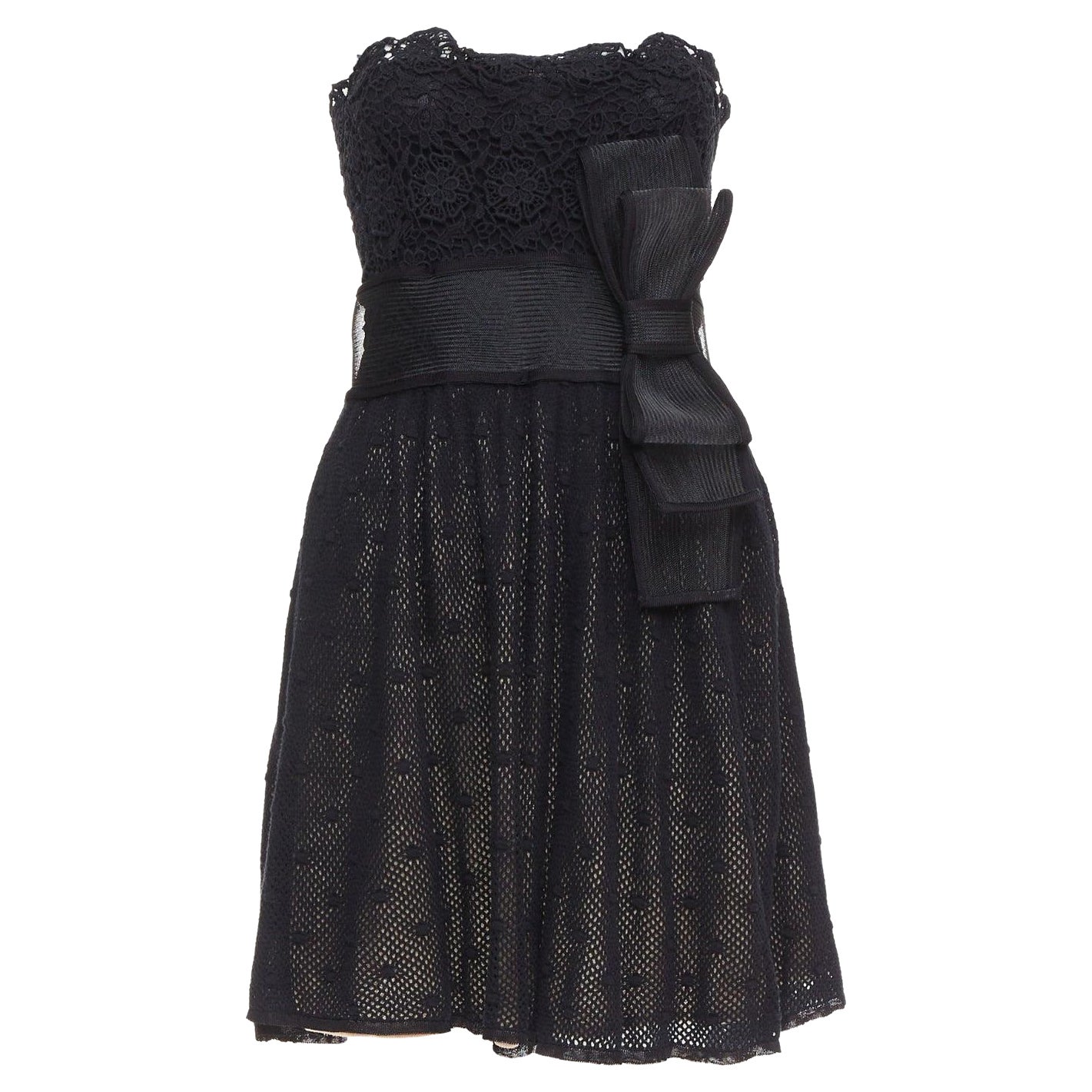 RED VALENTINO vestido sin tirantes negro de encaje con lazo rígido adornado en venta