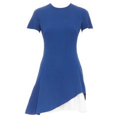 VICTORIA BECKHAM 2014 blue white wool silk pleated hem shift dress UK8 S